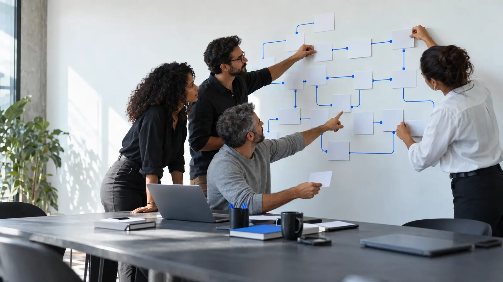 Equipe mapeando o fluxo de marketing e vendas em uma parede